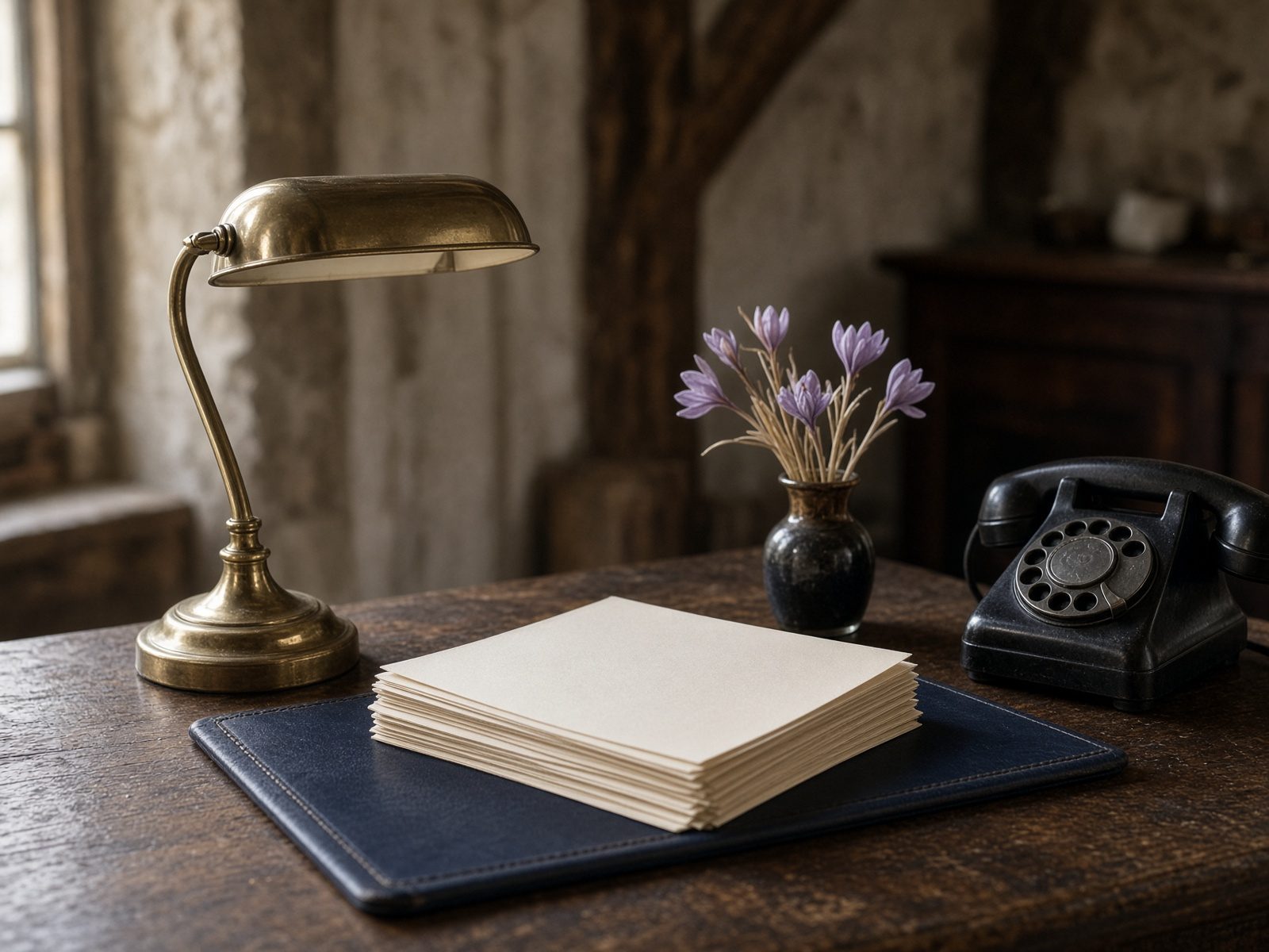 A mill reception desk with a brass lamp, telephone and cream stationery