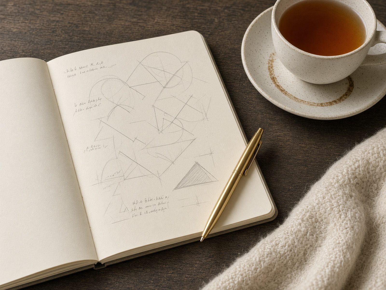 A planning notebook, gold pen and a cup of tea