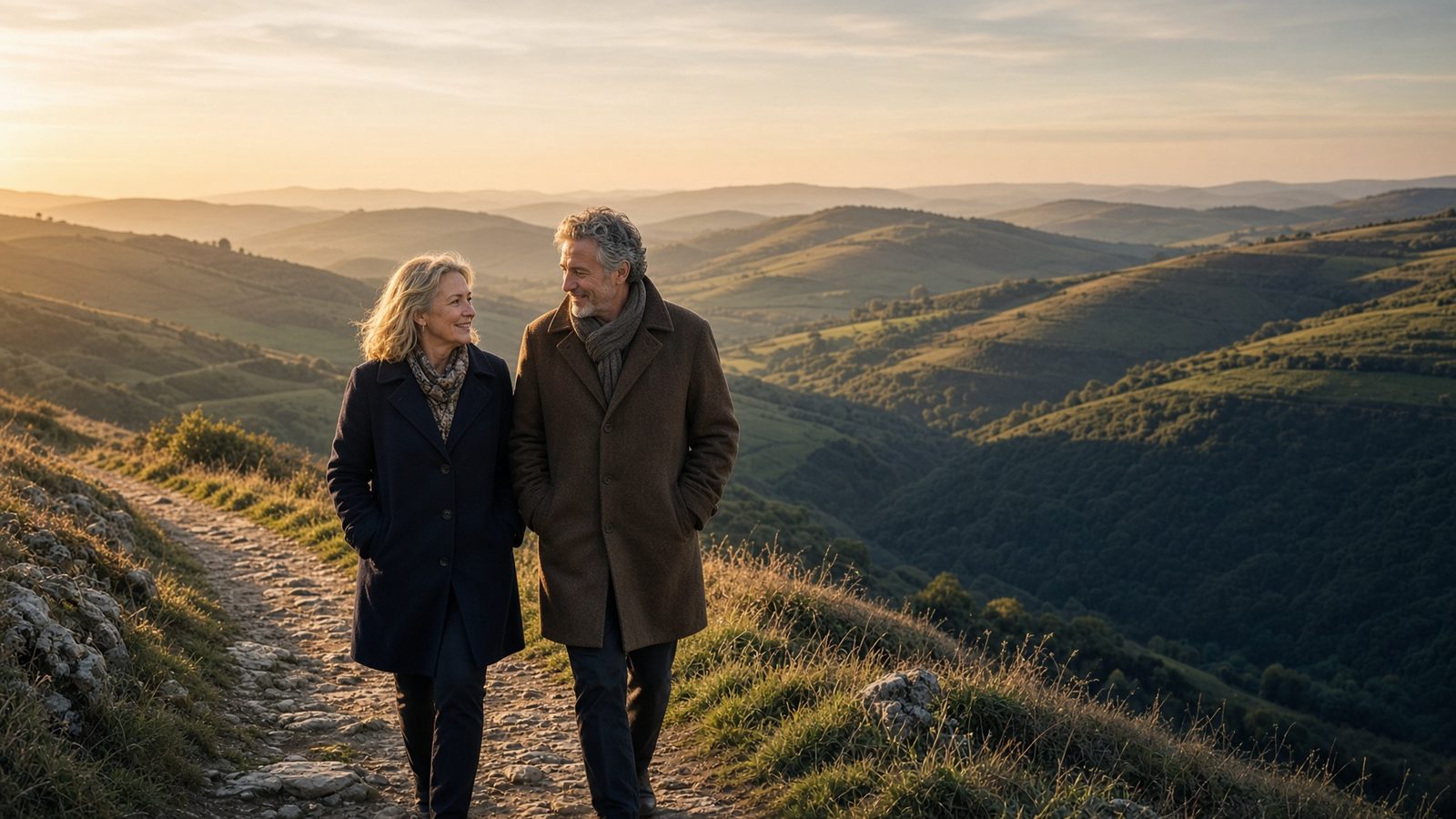 A couple walking a Gloucestershire ridge at golden hour
