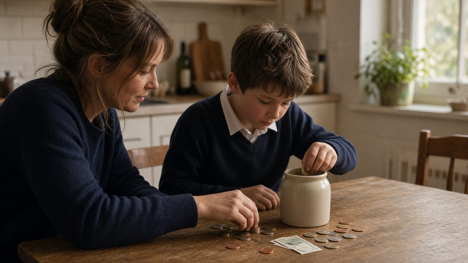 A parent and child counting coins into a ceramic jar at a kitchen table