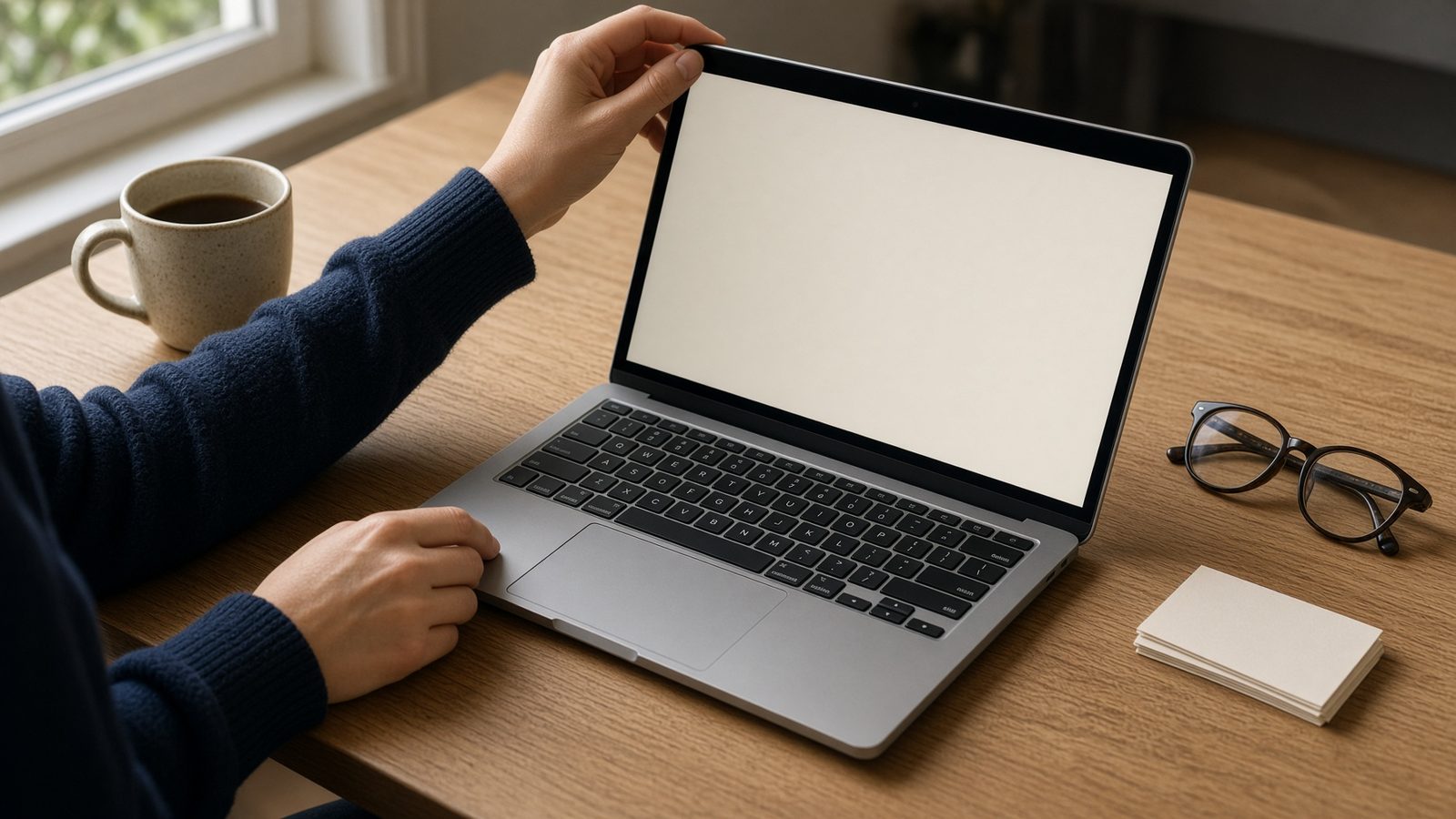 Hands opening a laptop at an oak desk to begin an investment account