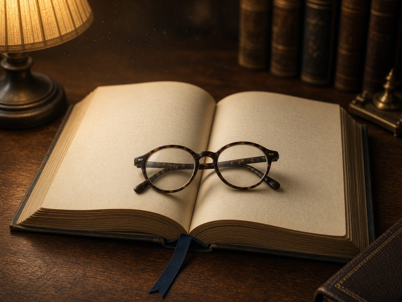 An open reference book and reading glasses under a library lamp