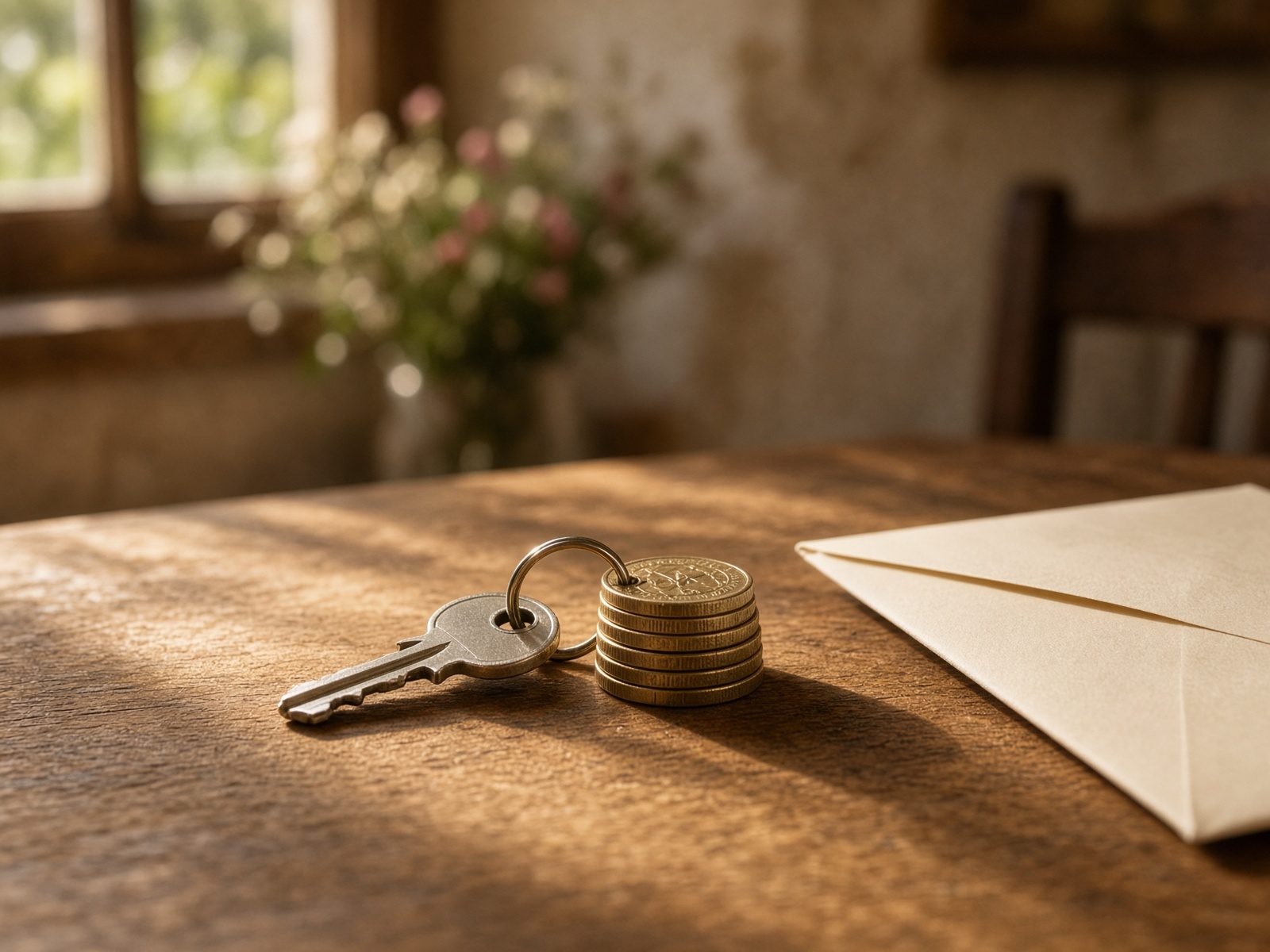 A house key and pound coins on a wooden table