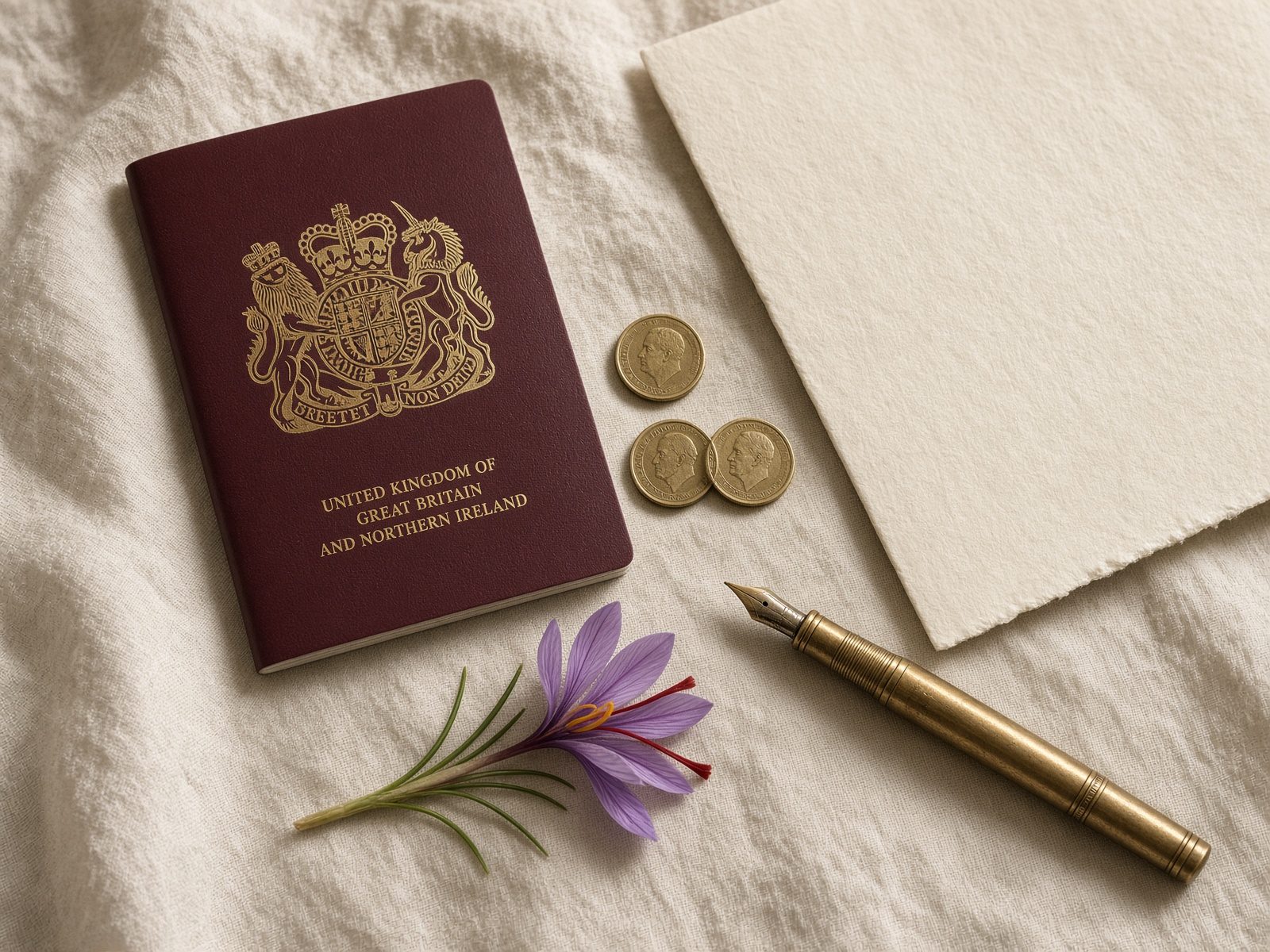 Passport, coins and a cream letter on a linen desk