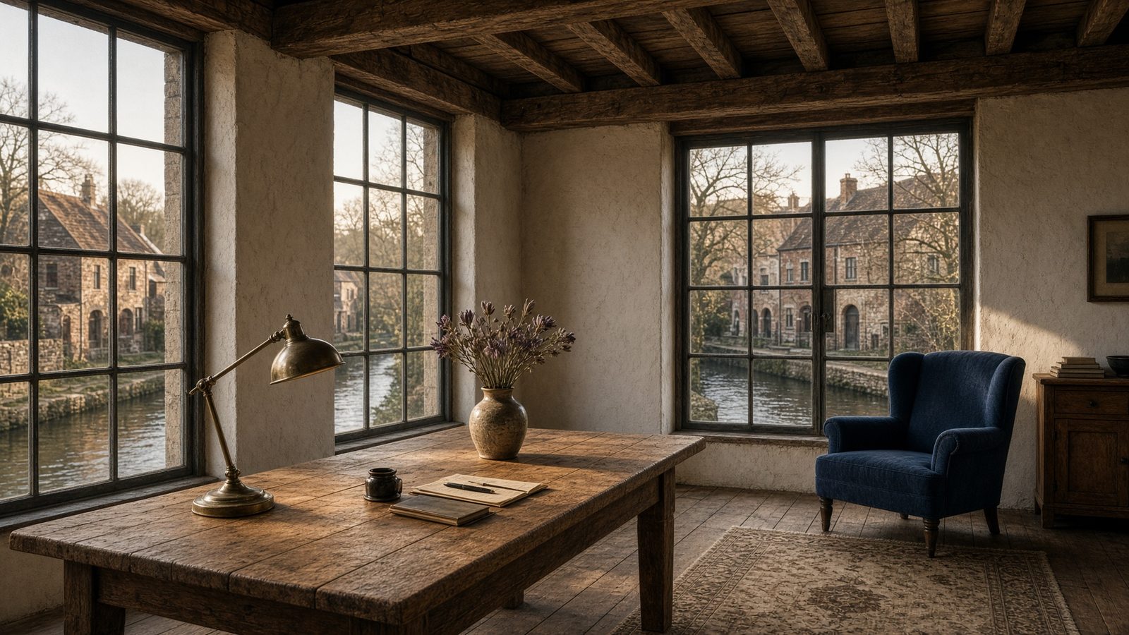 Converted mill interior in Stroud with oak table, brass lamp and canal windows