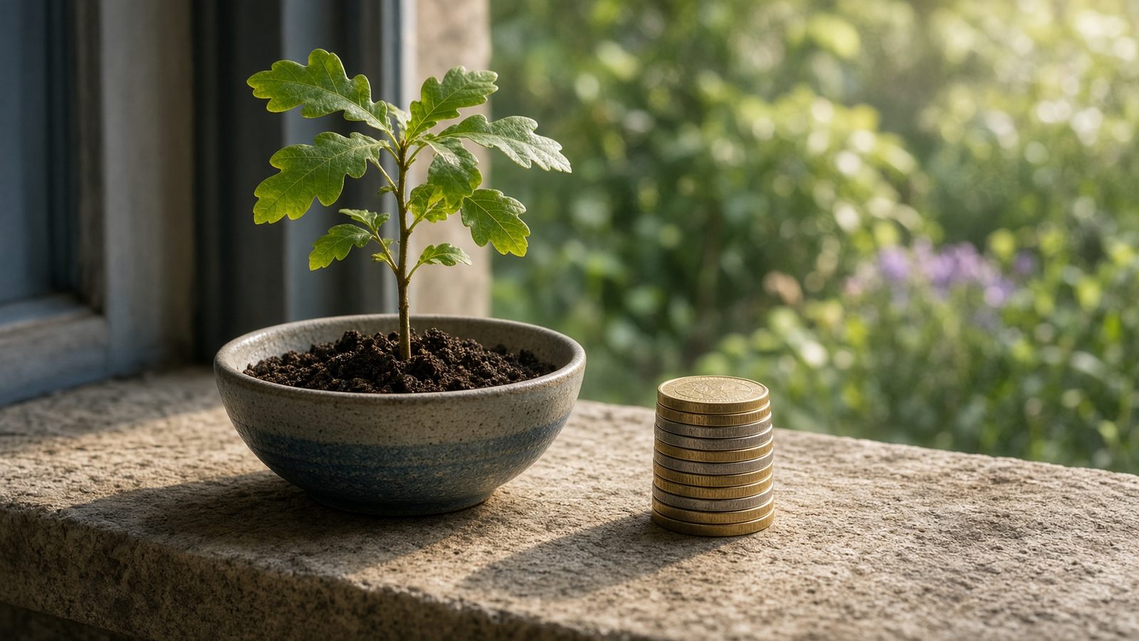 A young oak sapling beside a small stack of pound coins
