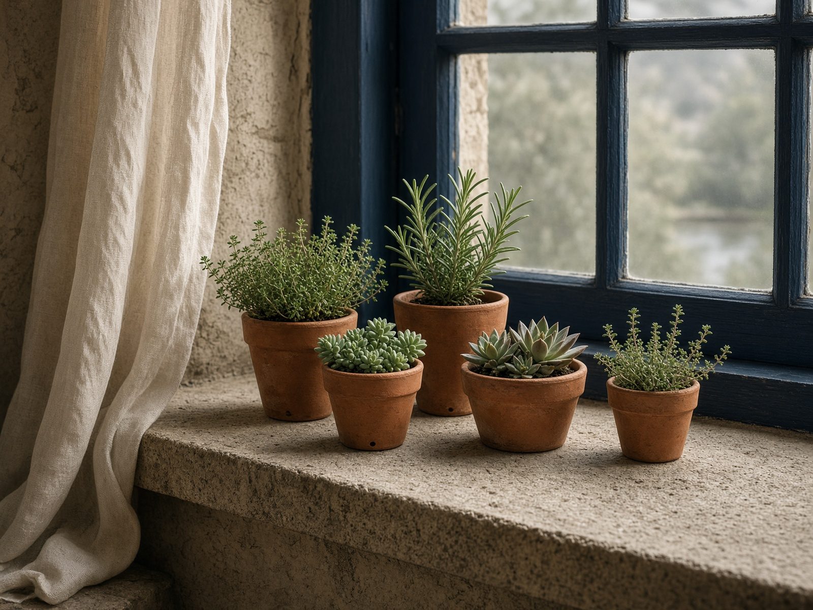 Several terracotta plant pots on a mill windowsill