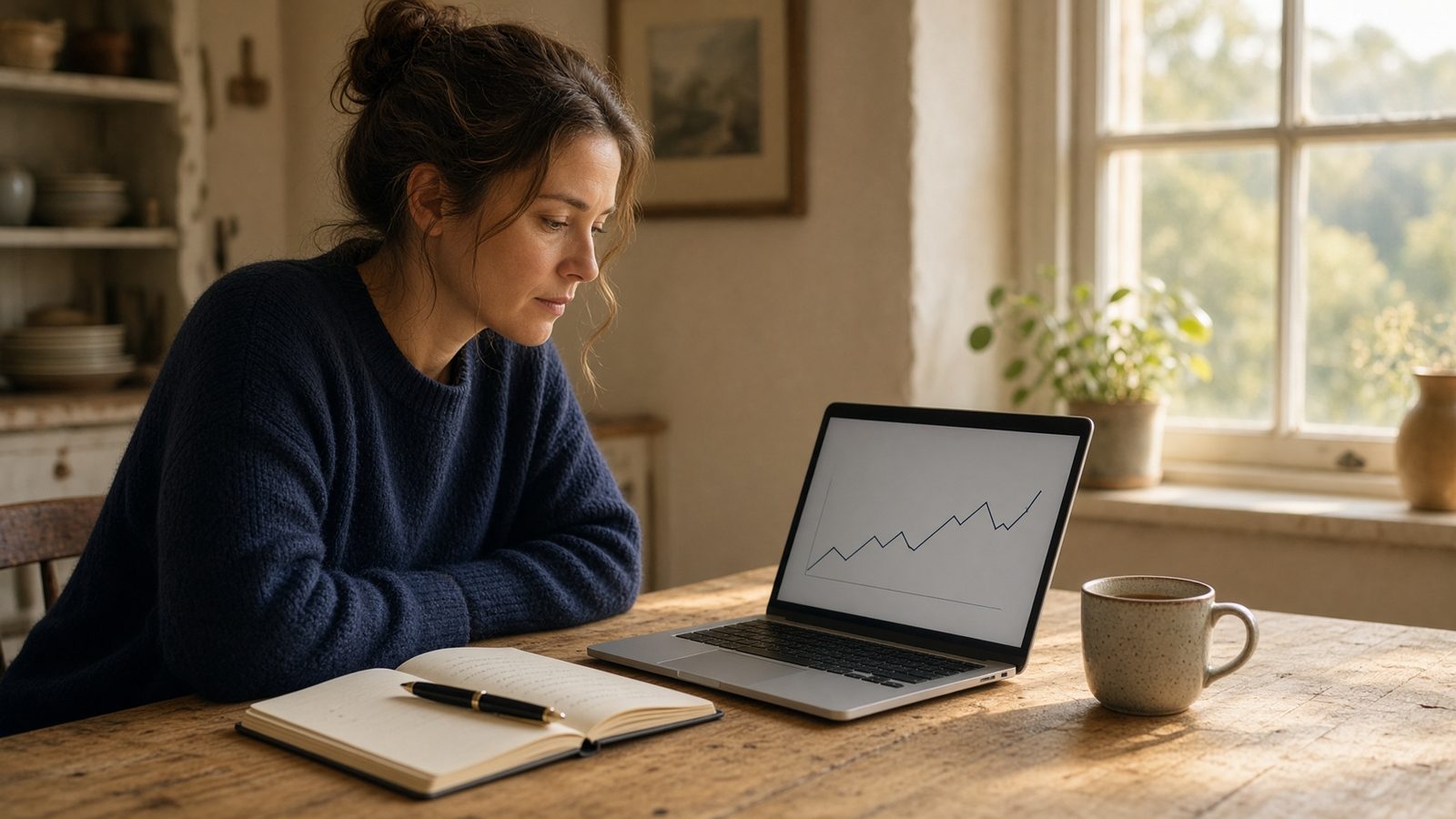 A reader reviewing a simple investment chart at a Cotswolds kitchen table