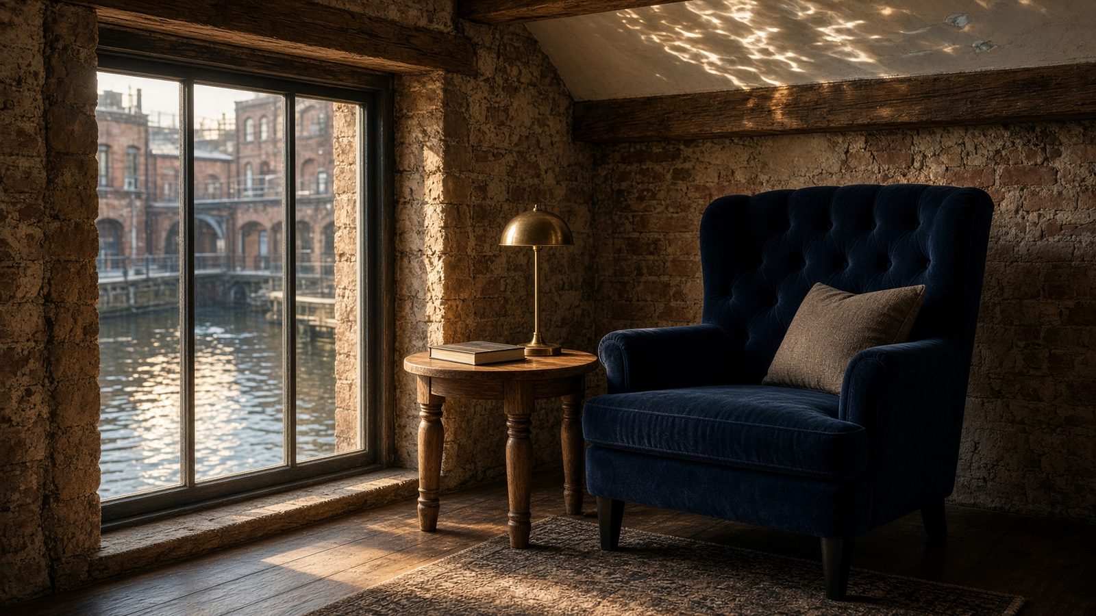 A quiet reading nook in a mill conversion with canal light