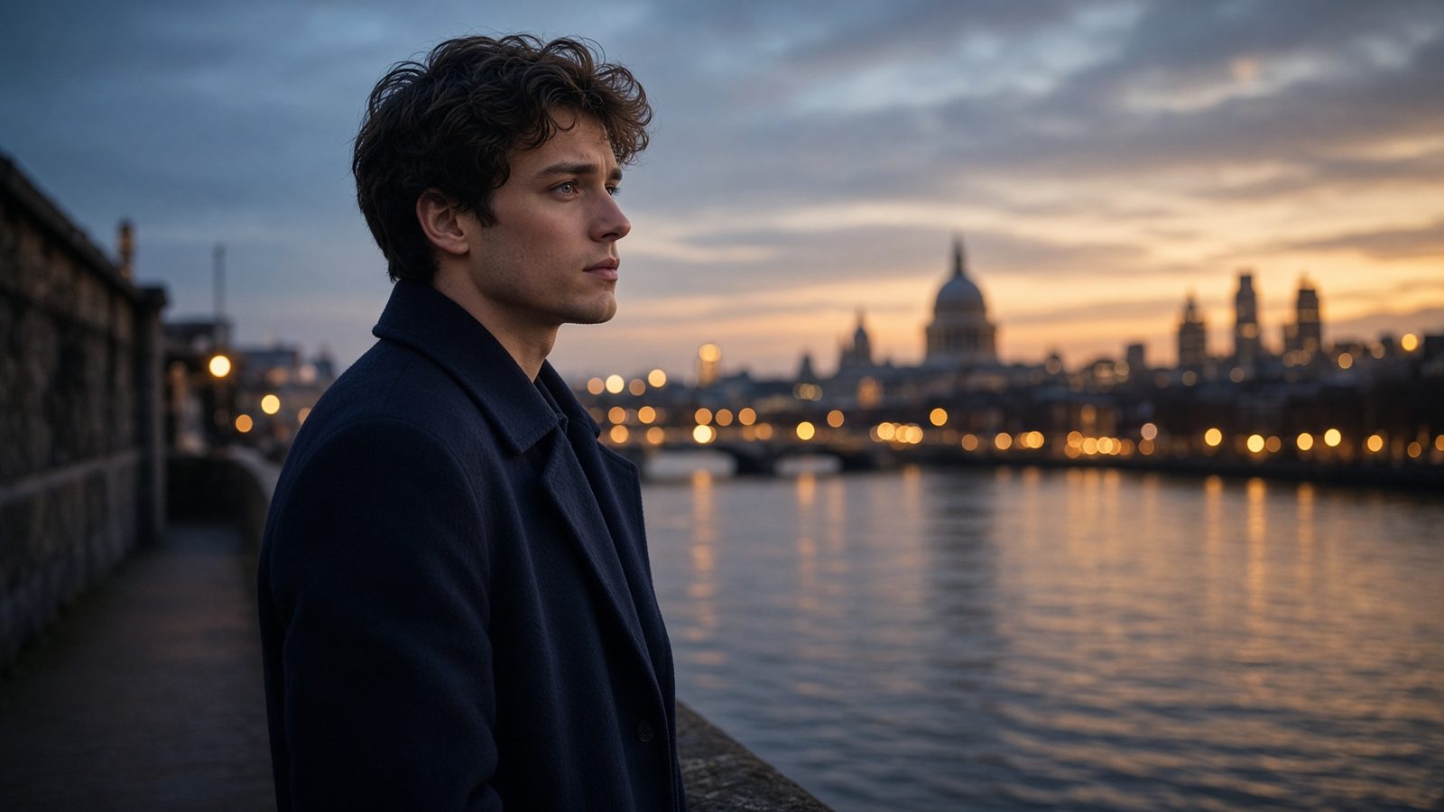 A man in a navy overcoat standing by a London riverside at dusk
