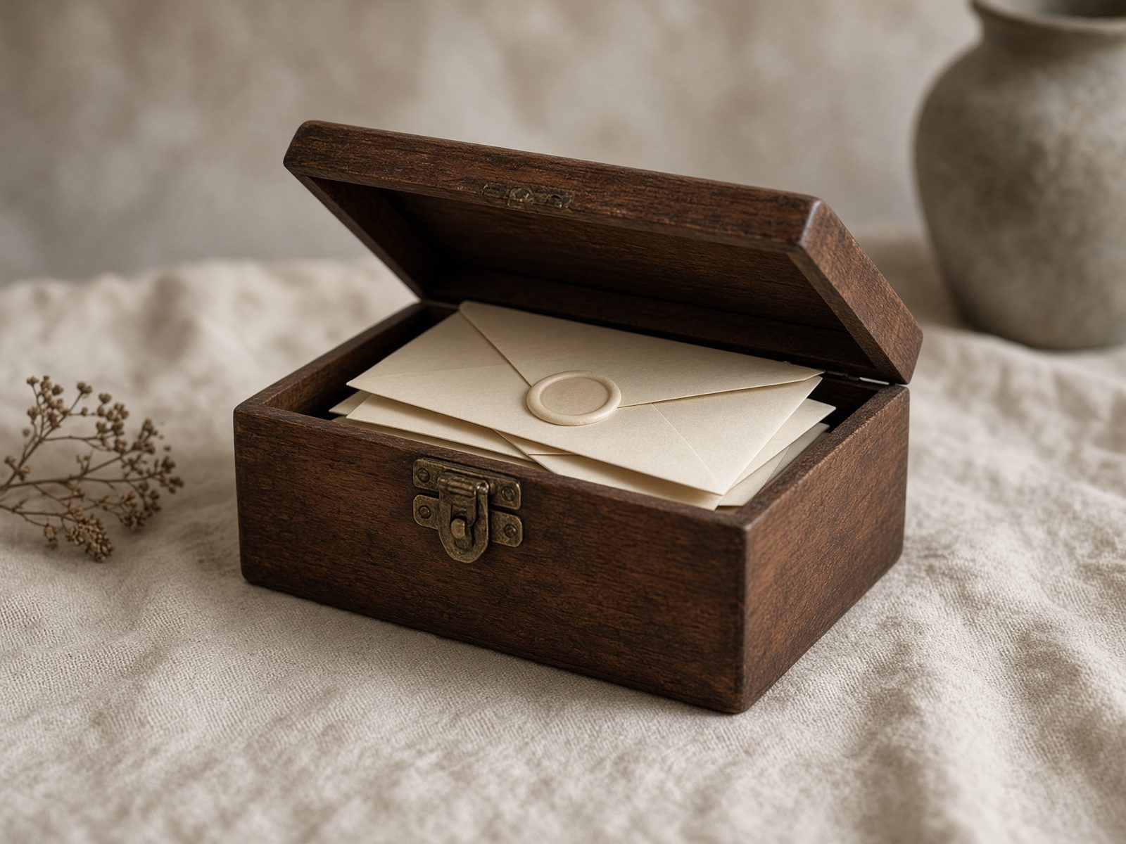 An antique walnut box with wax-sealed envelopes on linen