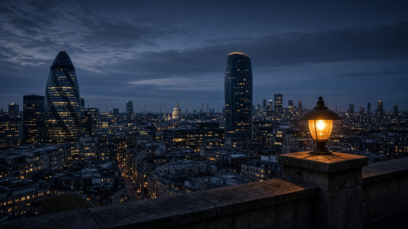 The City of London skyline at blue hour with a lamp in the foreground